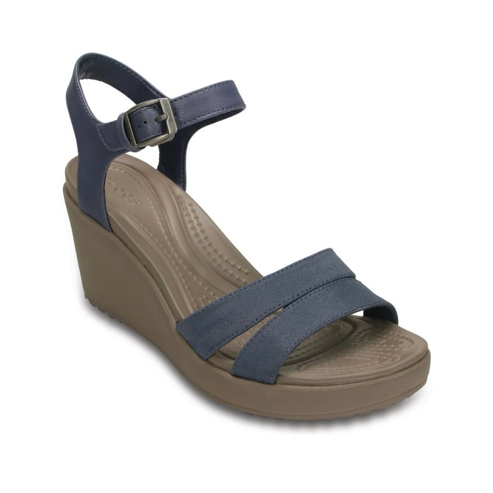 New CROCS Blue and Brown Women’s Wedge Sandals with Ankle Adjustable Strap 10